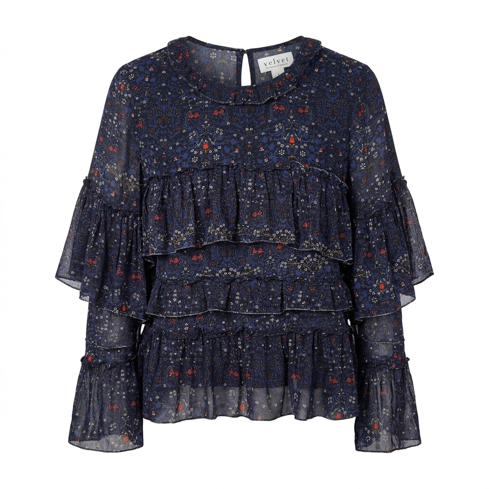 Velvet by Graham & Spencer navy floral viscose blouse with ruffled neckline, key